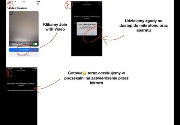 
Klikamy Join with Video. Udzielamy zgody na dostęp do mikrofonu oraz Gotowe, teraz oczekujemy w poczekalni na zatwierdzenie przez lektora 