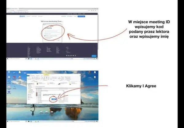 
W miejsce meeting wpisujemy kod podany przez lektora oraz wpisujemy imię Klikamy I Agree 