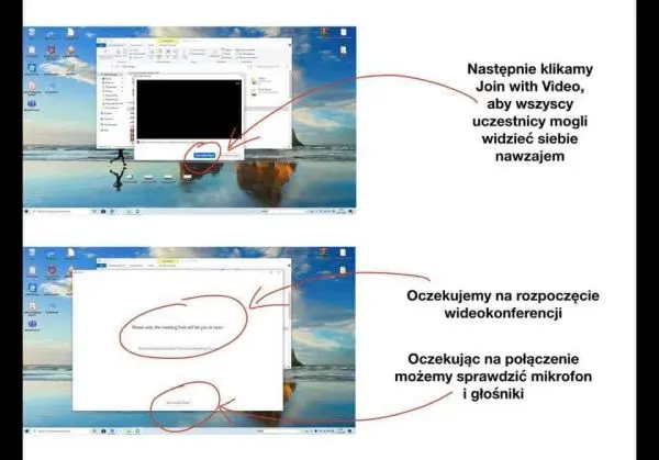 
Następnie klikamy Join with Video, aby wszyscy uczestnicy mogli widzieć siebie nawzajem, Oczekując na rozpoczęcie połączenia możemy sprawdzić mikrofon i głośniki 
