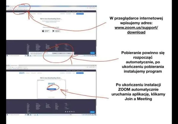 
W wersji internetowej wpisujemy adres: www.zoom„uș/șupporț/ - Pobieranie powinno się rozpocząć automatycznie, po ukończeniu pobierania instalujemy program po ukończeniu instalacji ZOOM automatycznie uruchamia aplikacje, klikamy Join a Meeting